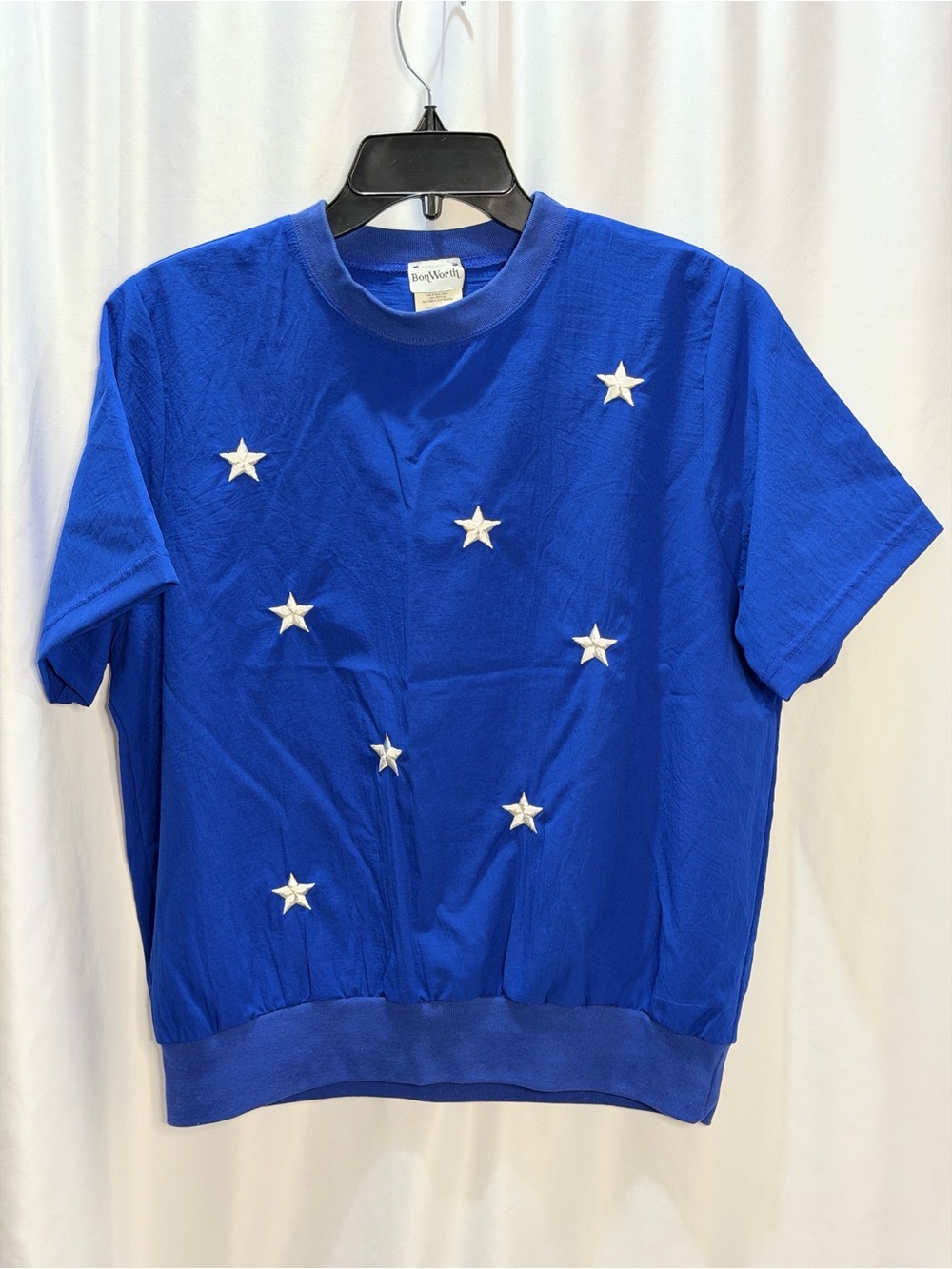 BonWorth Petite Medium Blue Star Embroidered Short Sleeve Top
